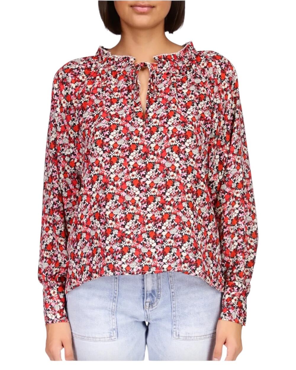 Sanctuary Flower Power Blouse 1X Red Pink Floral Ruffle Keyhole Neck Top Size 1X